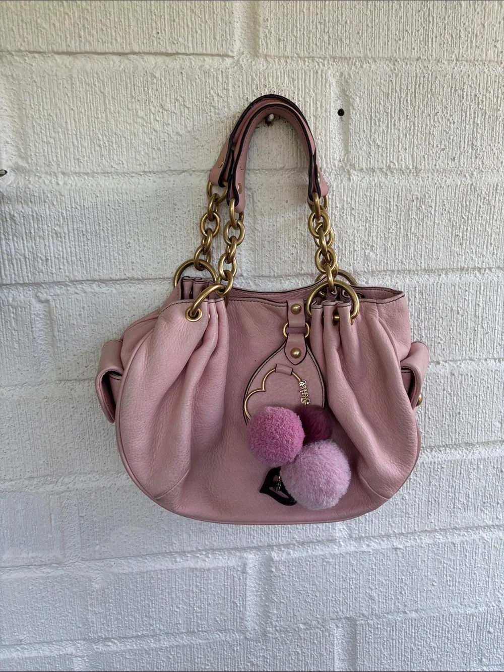 Juicy Couture Leather Vintage Soft Pink Shoulder Handbag with Gold Chain Details